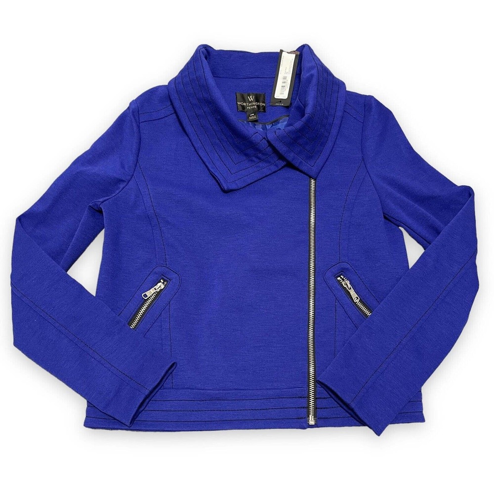 Worthington Royal Blue Lined Moto Jacket Blazer Womens Size Small Petite NWT